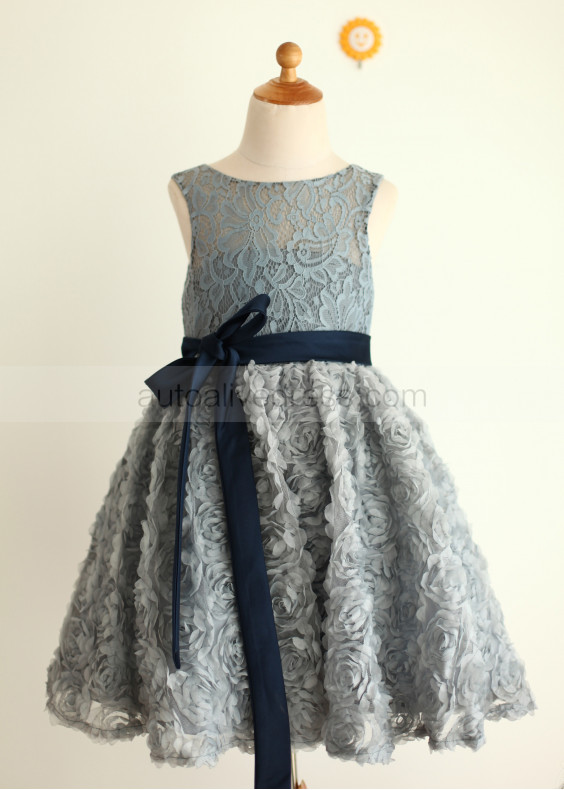 Gray Lace Rosette Skirt Heart Cut  Back Flower Girl Dress